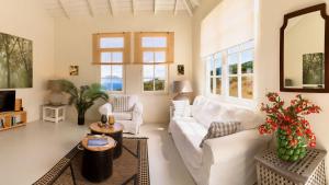 a living room with a white couch and windows at Whale Tails Island Suites & Villas in Oranjestad