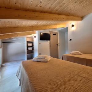 a bedroom with two beds in a room with wooden ceilings at Dream Time Villas Vasiliki in Vasiliki +97 photos
