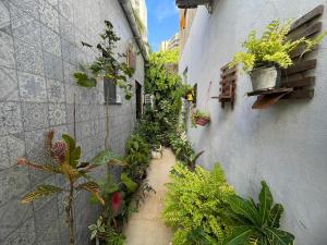 an alley with potted plants on the side of a building at Hospedaria de Maria in Salvador