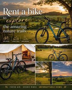 a collage of pictures of two bikes parked in a field at Glamping Hive by Stream in Víska