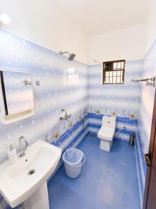 a blue bathroom with a sink and a toilet at BNBees Anjuna Goa in Chapora