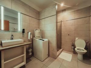 a bathroom with a toilet and a sink and a shower at Hotel Roháč in Trstená