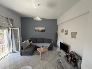 a living room with a couch and a tv at Elenas Apartments in Plataria