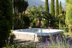 a jacuzzi tub in a garden with palm trees at Apartm. & BB Ferienidylle Gstrein in Rablà