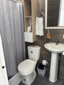 a small bathroom with a toilet and a sink at San Joaquín B&B in Cali +10 photos