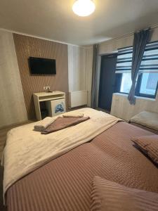 ein Schlafzimmer mit einem großen Bett und einem Fernseher in der Unterkunft AnA in Constanţa