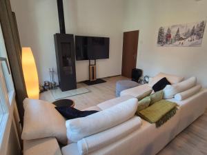 a living room with a couch and a flat screen tv at ABO - Boutique Apartment - Chalet Horst in Grindelwald