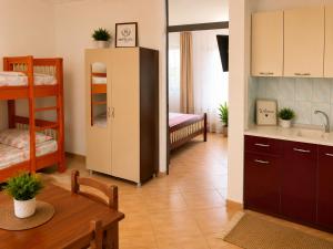 a room with a kitchen and a bedroom with bunk beds at Hotel LULI in Baks-Rrjoll