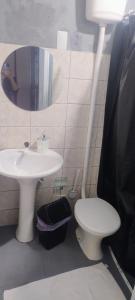 a bathroom with a sink and a toilet and a mirror at Casa Hospedagem 01 in Foz do Iguaçu +3 photos
