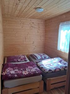 two beds in a room with wooden walls at Domki Mucki in Międzywodzie