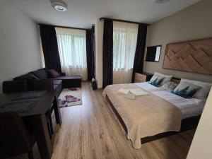 a bedroom with a large bed and a couch at Borovets Gardens Studio Raya in Borovets