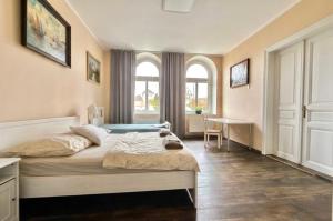 a bedroom with a large bed and a desk at Apartmány Mary in Litoměřice