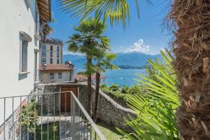 a view of the water from a house with a palm tree at Luxury Villa in Tremezzo con piscina in Tremezzo
