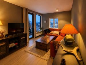 a living room with a couch and a television at Charming Cabin Near Hallingskarvet Ski Center, Cozy and Inviting! in Skoro
