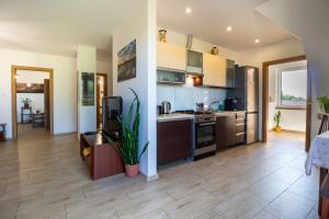 a kitchen with brown cabinets and a table with a plant at Dolistówka Apartamenty z jacuzzi i sauną in Goniadz