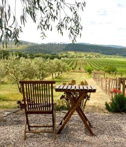 a wooden bench sitting next to a picnic table at Herdade do Burrazeiro Turismo Rural no Alentejo in Borba