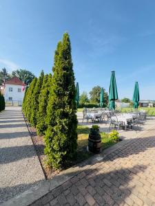 a row of bushes with tables and umbrellas at Trompeterschlössle Hotel & Residence in Tägerwilen