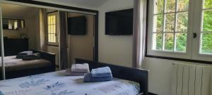 a bedroom with two beds and a mirror at Chambres cosy au hameau de St Pierre in Saint-Georges-de-Commiers