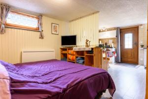 a bedroom with a purple bed and a television at Chambre d'hôte La Châtelaine in Walbach