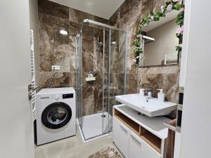 a bathroom with a washing machine and a sink at Apartmán Meridiem Komárovská in Komárov