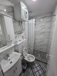 a white bathroom with a toilet and a sink at Apartmani gradina Tuzla in Tuzla +16 photos