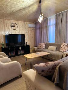 a living room with a couch and a tv at Chaki 2 in Ureki