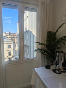 a room with a table and a window with a plant at Hostal La Mexicana in Santander