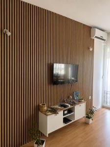a living room with a television on a striped wall at Nikolovi Apartment in Skopje