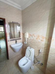 a bathroom with a toilet and a sink at New Land Sarl in Douala +45 photos
