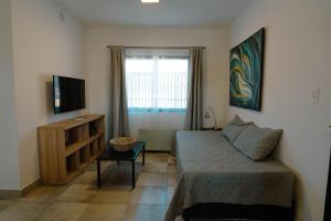 a living room with a bed and a television at Casa Tannat by Vindecaf in Cafayate