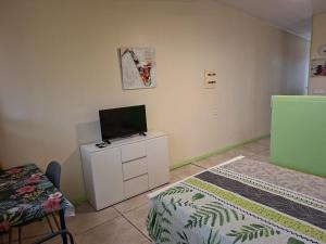 a room with two beds and a flat screen tv at Anajodrey in Saint-Joseph
