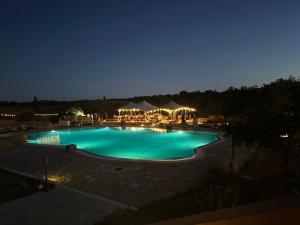 a large swimming pool at night with lights at Mama Adama, Alpaca Farm And B&B in Grândola