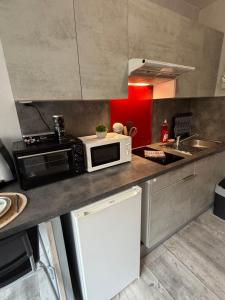 a kitchen with a microwave and a sink at Petit Nid Nature Et Douceurs in Turckheim +7 photos