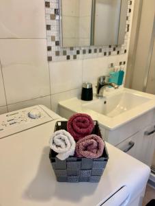 a basket of towels sitting on a counter next to a sink at Apartman Stipančić in Labin