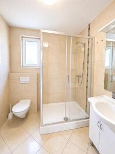 a bathroom with a shower and a toilet and a sink at Apartments Mia in Baška +44 photos