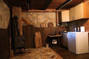 a kitchen with a refrigerator and a stove at Forest Cabin Ponikve in Čajniče
