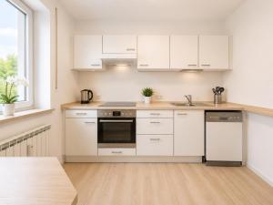 a white kitchen with white cabinets and a sink at Dill Apartments Pleinfeld Pacellistraße in Pleinfeld