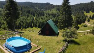 an aerial view of a small house and a tub in a field at Forest Cabin Ponikve in Čajniče +13 photos