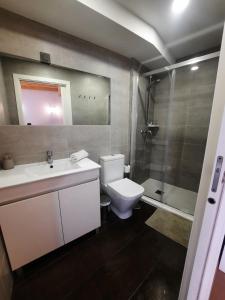 a bathroom with a toilet and a sink and a shower at Muelle Real in Mugardos