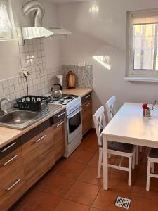 a kitchen with a stove and a sink and a table at Domek Stary Bar in Piecki