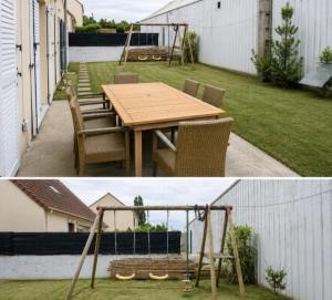 two pictures of a table and chairs in a backyard at La Maison du Bonheur - Appartements & Chambres à Gisors in Gisors