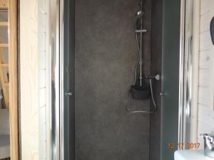 a bathroom with a shower with a shower head at Tiny House Climatisée Bernières in Bernières +12 photos