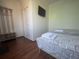 a bedroom with two beds and a tv on the wall at Guest house BIKA in Chon-Sary-Oy +2 photos