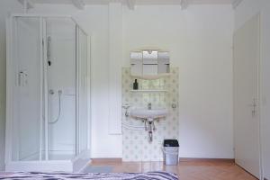 a bathroom with a sink and a shower at Ristorante Locanda Zott in Valle Onsernone in Vergeletto