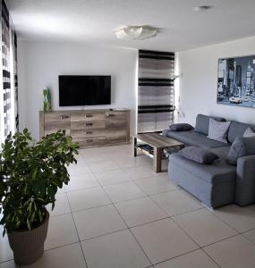 a living room with a couch and a tv at Hochsalerblick in Laufenburg