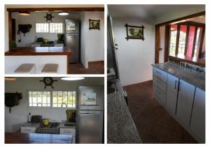 two pictures of a kitchen with a sink and a refrigerator at La Chacra de Pilar in Pilar