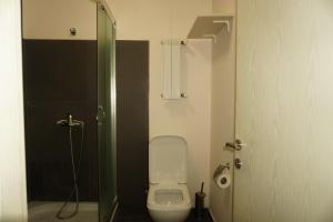 a bathroom with a toilet and a glass door at Hotel PM Palace in Nizhnyaya Alekseyevka +22 photos