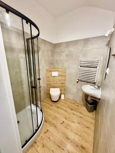 a bathroom with a shower and a toilet and a sink at Gościniec u Bernackich in Smołdzino