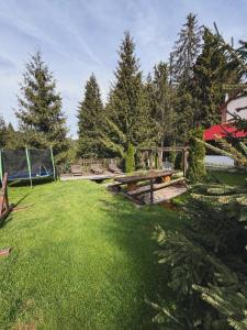 a park with a picnic table and benches in the grass at Cabana Andre Vartop in Vartop