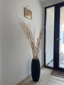 a black vase with a plant in it next to a door at Das Mondsee-Retreat in Innerschwand
